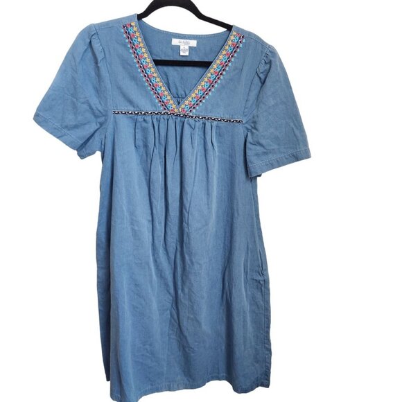 Go Softly Patio Dresses & Skirts - Go Softly Patio Dress Small Denim Chambray Muumuu Embroidery Jumper Prairie Midi